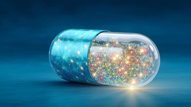 Abstract representation of a capsule illuminating the concept of advanced technology, science, and innovation with dynamic energy and vibrant connections in a futuristic setting
