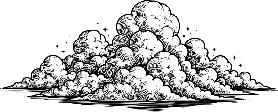 Detailed Woodcut Illustration of Fluffy Cloudscape with Twinklin
