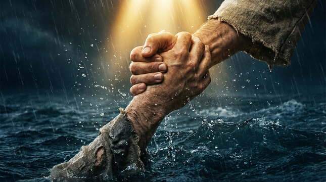 Jesus Christ saving Peter from drowning. Close-up of the hand of Jesus reaching down to rescue a man from dark water. Biblical concept of salvation, faith, and help.