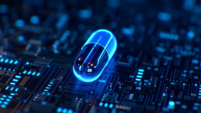 Futuristic Digital Capsule on Circuit Board Background with Glowing Blue Lights, Symbolizing Innovation in Technology and Healthcare, Abstract Art Concept
