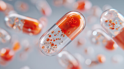 medical capsule with active particles, transparent pill pharmaceutical concept, medicine capsule close up illustration
