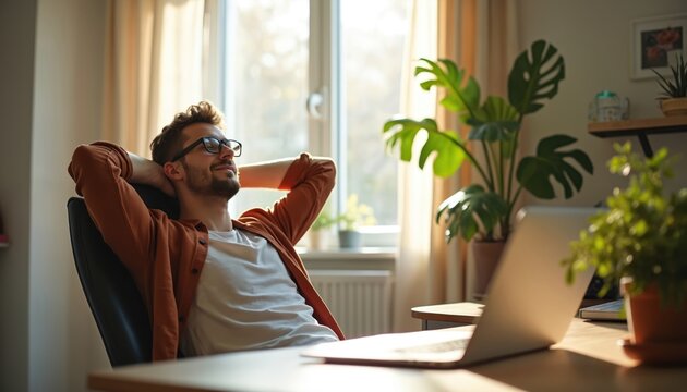 Young man rests at home office chair with hands behind head. He looks relaxed and happy while taking a break from computer work near potted plants by sunlit window, enjoying peaceful moment.