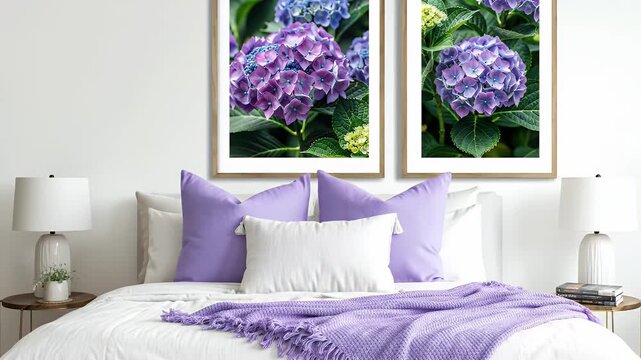 Elegant white bed with lavender bedding and hydrangea framed wall art set