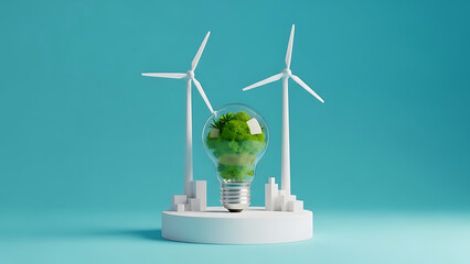Obraz premium Green Energy Light Bulb with Wind Turbines - Eco-friendly Concept.