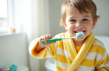 Small happy boy in yellow robe brushes teeth in bathroom. Toddler learns correct oral hygiene daily routine with toothbrush and toothpaste. Kid cares for healthy gums and clean smile.