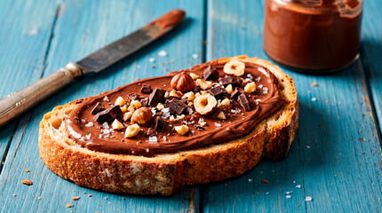 Delicious hazelnut chocolate spread on toasted bread with crunchy nuts and chocolate pieces