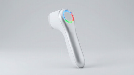 Modern white and silver handheld beauty device with colorful LED light ring on a neutral background