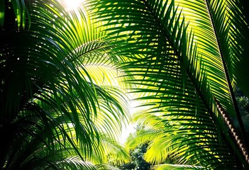 Fototapeta premium Graceful fronds arching, sunlight dappling vibrant green leaves, vacation, palm frond