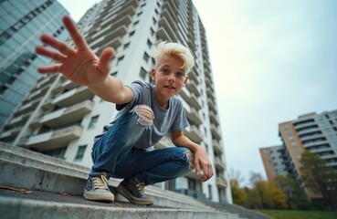 Young boy with blond hair crouches on city stairs, arm outstretched towards camera. He wears ripped jeans and a t-shirt, looking at viewer. Tall modern buildings form urban background.