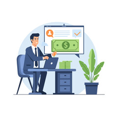 Businessman working on laptop with money stack and dollar bill on screen, financial success concept.