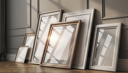 Empty picture frames in elegant interior with soft natural light