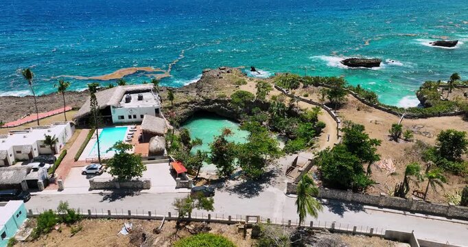 Caribbean sea rocky coastline Dominican Republic, Village Boca de Yuma and beautiful aerial view