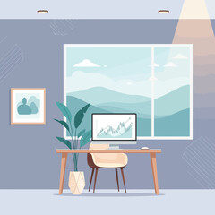 Obraz premium Modern Home Office With Computer Displaying Financial Chart and Mountain View