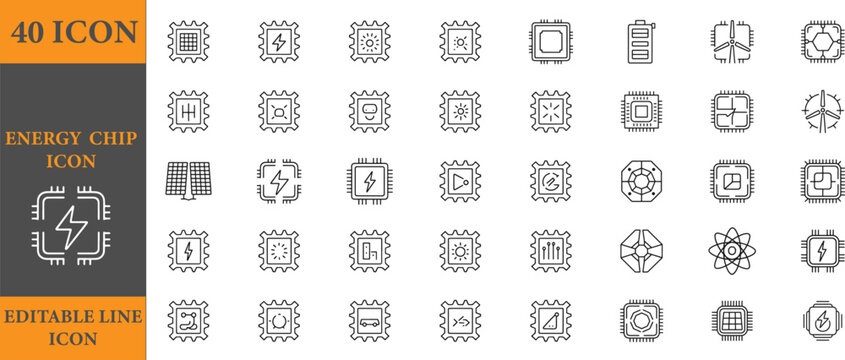 40 energy chip icon set editable line icon collection for technology