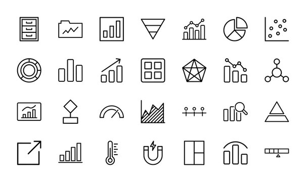 Business analytics icon set. Vector pictograms of bar charts, pie graphs, funnel, scatter plot, timeline, dashboard, and thermometer, thin line outline illustration.
