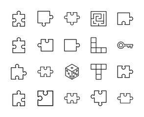 Game and logic line icon set. Vector pictograms of jigsaw puzzle pieces, maze, labyrinth, key, dice, blocks, thin outline illustration.