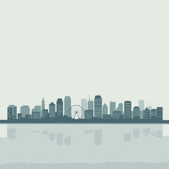 Naklejka premium City Skyline with Ferris Wheel on Waterfront at Dusk