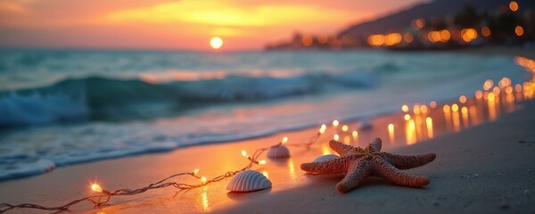 Starfish and shells on sandy beach with string lights reflecting on sea at sunset. Coastal town lights glow in background creating festive seaside atmosphere for holidays.