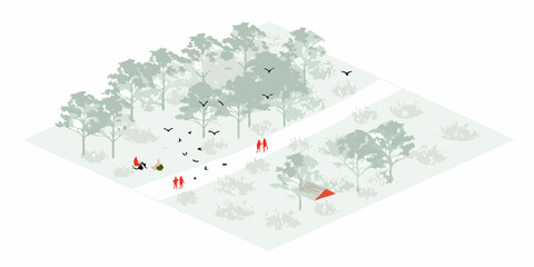 Isometric view of a park with trees a path and people walking