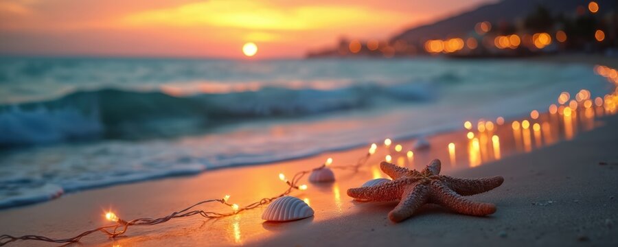 Starfish and shells on sandy beach with string lights reflecting on sea at sunset. Coastal town lights glow in background creating festive seaside atmosphere for holidays. - Powered by Adobe