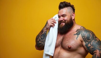 Bearded man with tattoos wipes face with towel after workout. He smiles, showing muscles and confident expression. Healthy lifestyle and self care are highlighted.