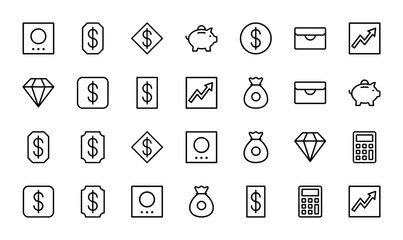 Finance and banking line icon set featuring vector pictograms of money bags, piggy banks, diamonds, calculators, growth charts, and safes in thin outline illustration.