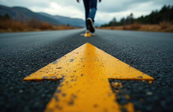 Person walks forward on asphalt road following yellow directional arrow. Symbolizes progress, new beginnings, and making choices on life path. Overcast sky hints at challenges ahead.