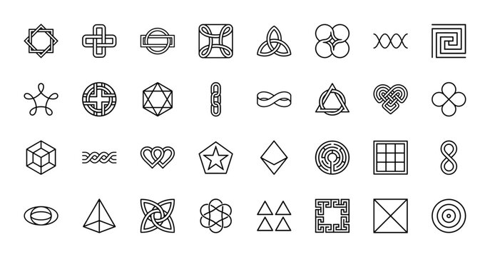 Abstract geometric shapes and symbols line icon set. Vector pictograms of celtic knots, infinity, labyrinths, polyhedrons, stars and sacred geometry, outline illustration.