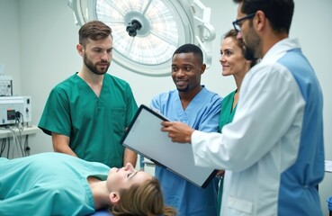 Medical team reviews patient chart in operating room. Doctor discusses case with nurses and students near anesthesia machine. Staff prepare for surgery.