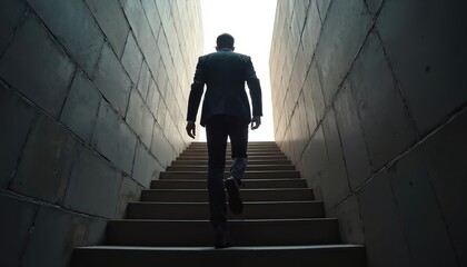 Silhouette of man in suit walks up concrete stairs towards bright light. Goal, progress, career, future. Ambition, challenge, growth, moving forward. Strategy, decision, rise. Success, journey,