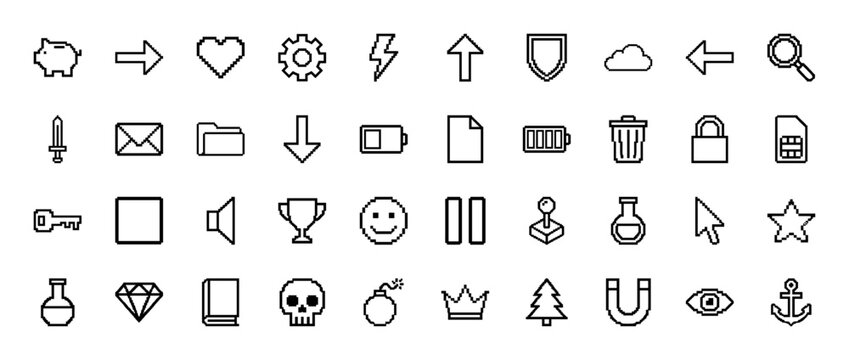 User interface and gaming pixel art icon set. Vector pictograms of heart, sword, joystick, folder, battery, skull, crown and anchor, retro 8-bit outline illustration.