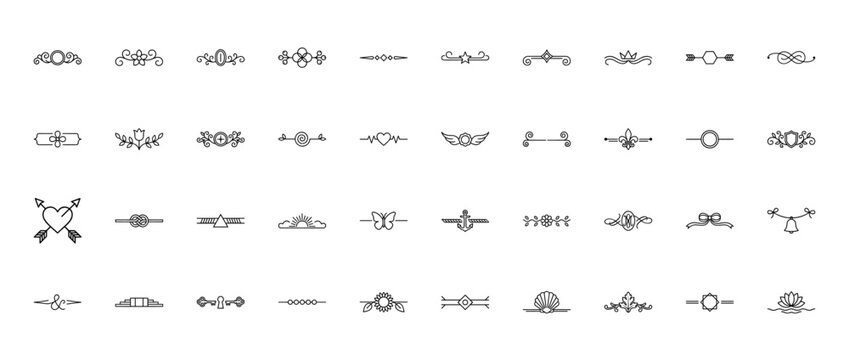 Vintage decorative divider icon set. Vector pictograms of heart, butterfly, anchor, flower, key, shell, crown, and leaf ornaments, thin line black outline illustration.