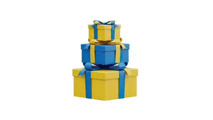 3D Stack of yellow and blue gift boxes with bows on transparent background