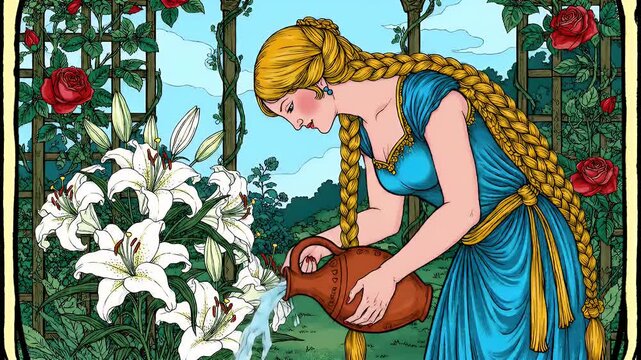 Fantasy Illustration of a Long-Haired Princess in a Blue Gown Tending White Lilies
