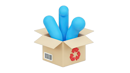 3D Blue objects in a cardboard box with recycling symbol on transparent background