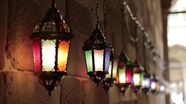Row of colorful Moroccan lanterns hanging against a stone wall.