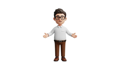 3D Cartoon Man Character with Glasses Welcoming Gesture on transparent background
