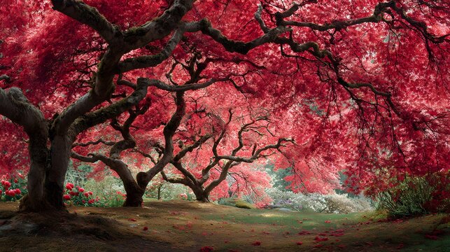 Several old, gnarled trees displaying intensely vibrant red foliage overhang a serene garden landscape