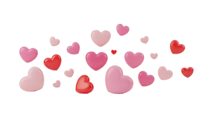 3D Collection of 3D hearts in pink and red on transparent background