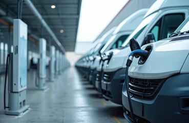 White electric vans line up, connected to charging stations inside large warehouse. Sustainable transport fleet recharges with clean energy power. Future logistics business.