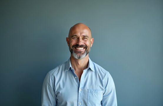 Bald middle-aged man with grey beard smiles warmly. He wears a light blue collared shirt against a plain grey background. His expression is friendly and approachable.