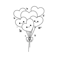 Cute Heart Balloons with Smiling Faces - Valentine's Day Coloring Page for Kids Kawaii Style Line Art