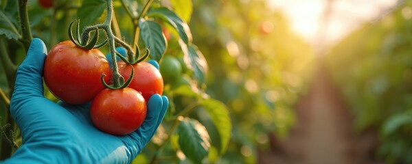 Gloved hand examines ripening red tomatoes on vine in greenhouse. Sunlight illuminates rich green plants and vegetable growth. Farmer checks crop health, ensuring quality produce.