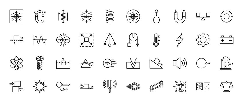 Physics line icon set. Vector pictograms of magnetism, gravity, atom, prism, lever, pendulum, waves, battery, and thermodynamics, thin outline illustration.