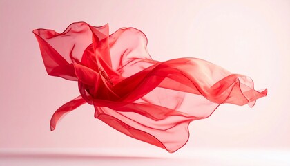 Red fabric billows in mid-air against a soft pink backdrop, creating a dynamic flow