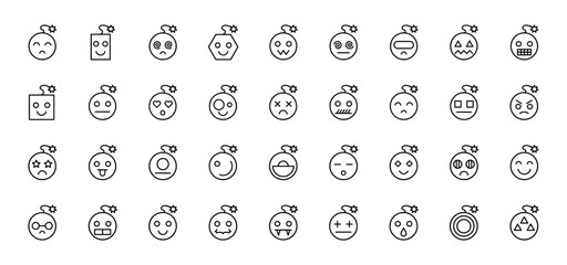 Bomb emoticon line icon set. Vector pictograms of cute explosive characters with happy, sad, angry, surprised and funny faces, thin outline illustration.
