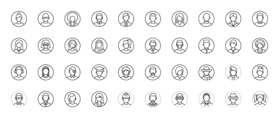 People and avatar line icon set. Vector pictograms of professional, diverse, and casual characters including doctor, worker, student, and business person illustration.