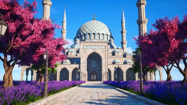Grand Ottoman-Style Mosque with Central Dome, Twin Minarets, and Lush Purple Gardens
