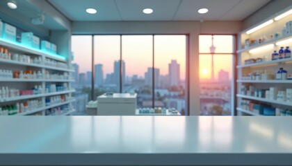 Modern pharmacy interior with shelves full of medicines. Empty white counter space in foreground. City skyline view at sunset through large windows.