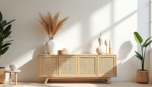Minimalist wood cabinet with cane doors sits against a white wall. Decor and plants create a cozy boho interior. Natural light casts shadows, ideal for home design.